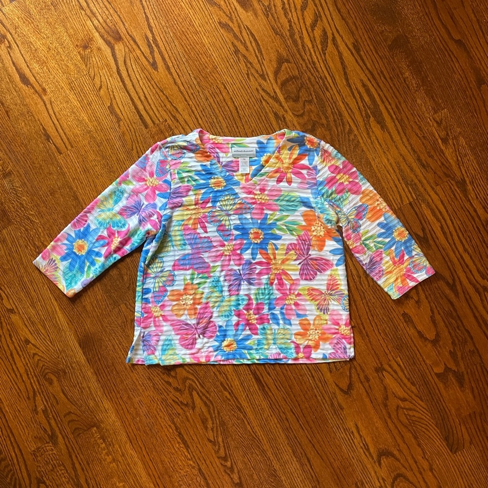 Alfred Dunner Multicolor Floral 3/4 Sleeve Top - Size Petite Medium
